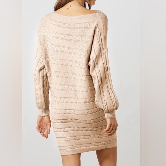 NWOT Cable Knit Beige Off Shoulder Long Sleeve Sweater Dress - Picture 4 of 4